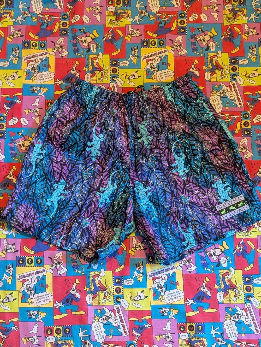 VTG 80's 90's Gecko Hawaii Blue & Purple Lizard-Print  Shorts RARE M